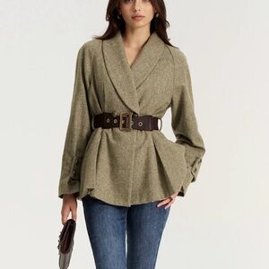 Commense Shawl Collar Belted Wood Blend Blazer olive Green